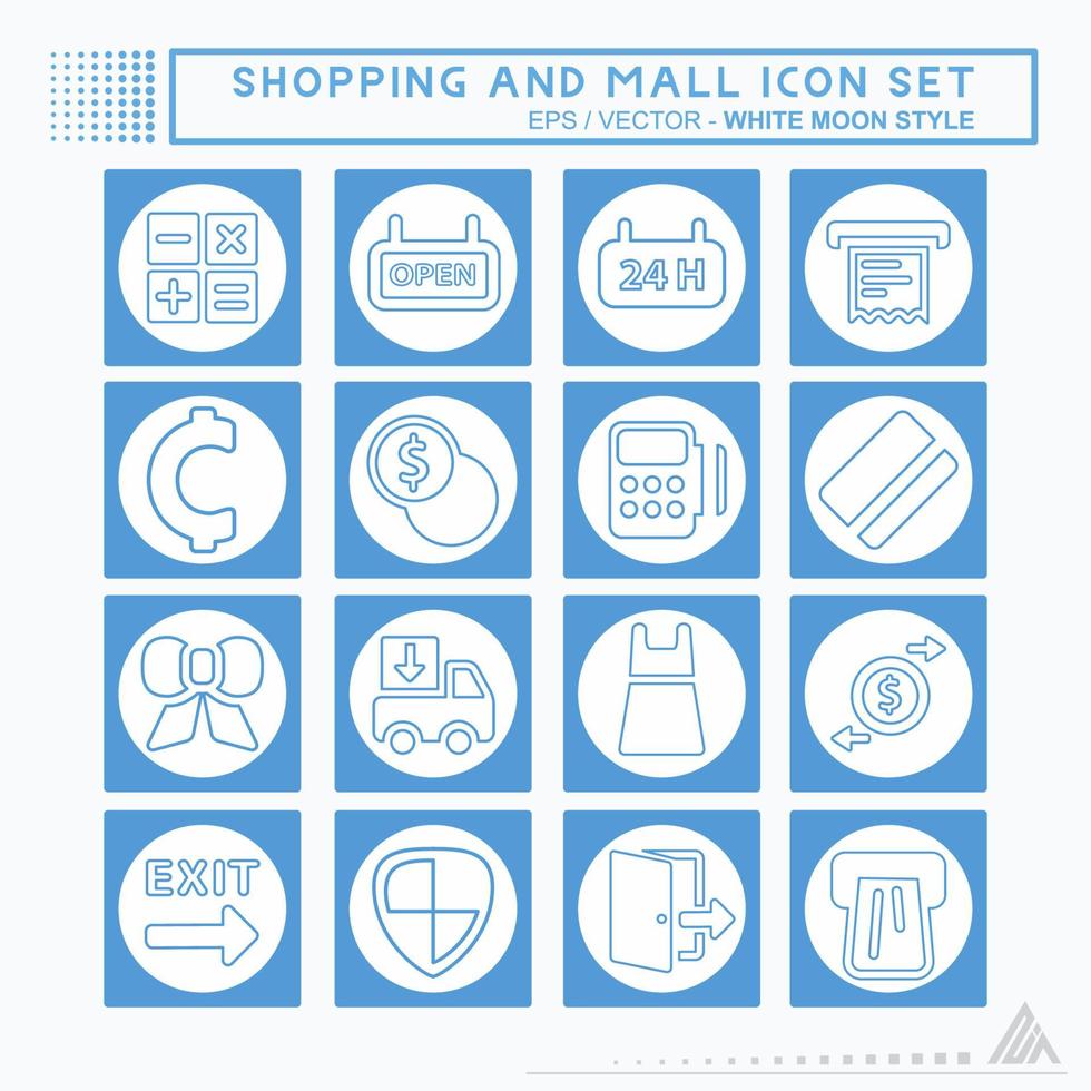 stel pictogram winkelen en winkelcentrum in - witte maanstijl vector