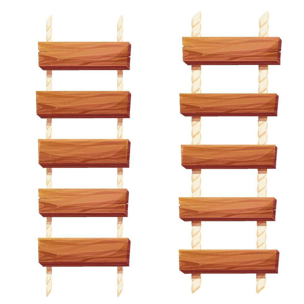 reeks houten ladder met touw, planken hangen, trappenhuis in tekenfilm stijl geïsoleerd Aan wit achtergrond, brug, spel weg. vector illustratie