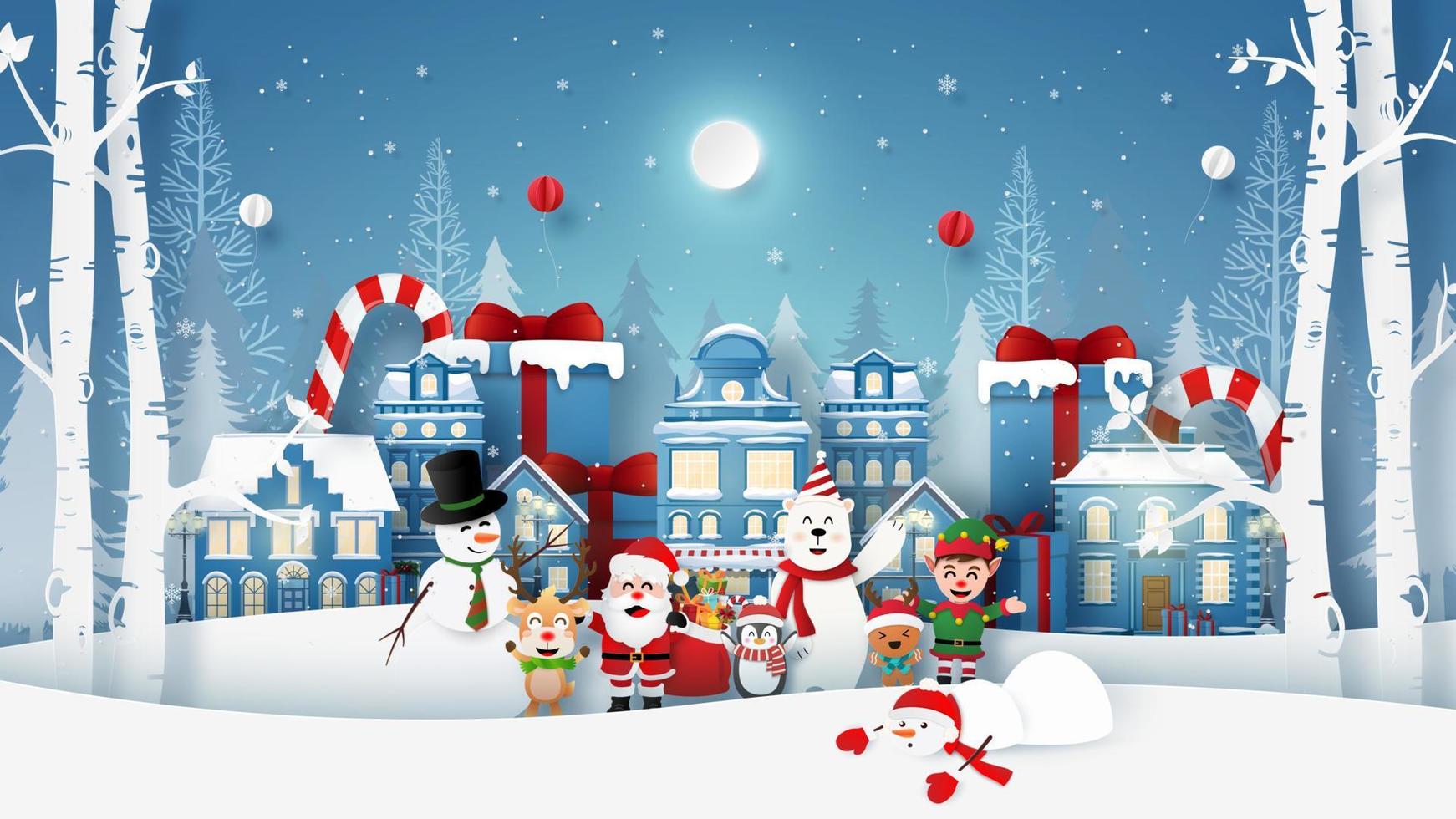 landschap van kerstfeest met de kerstman en schattig karakter in sneeuwstad vector