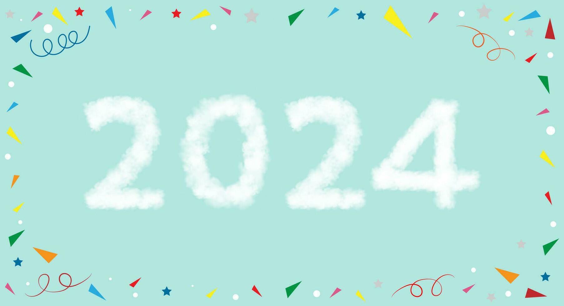 gelukkig nieuw jaar 2024 wolken ontwerp met kleurrijk meetkundig stijl kader grens Aan blauw lucht achtergrond, vector tekst ontwerp voor poster, banner, groet, kerst, nieuw jaar feest, kerstmis partij uitnodiging