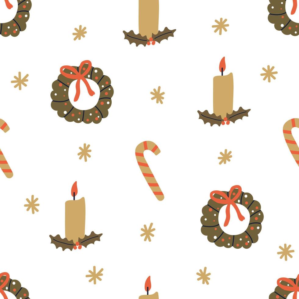 hand getekende naadloze patroon van kerstkrans, lolly, kaars. Scandinavische stijl. vector