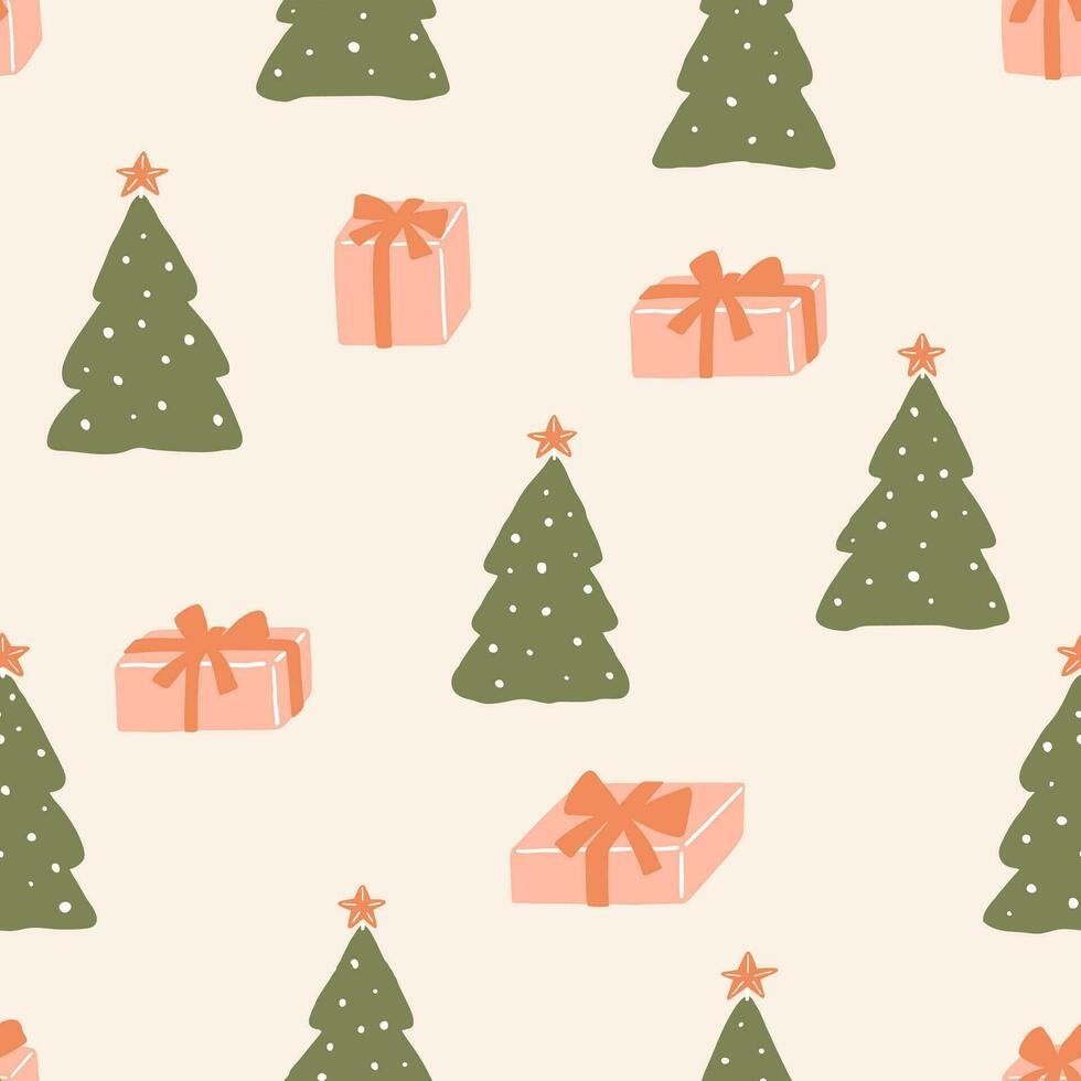naadloos patroon met Kerstmis bomen en presenteert. minimalistisch hand- getrokken ontwerp in roze en groen kleuren vector