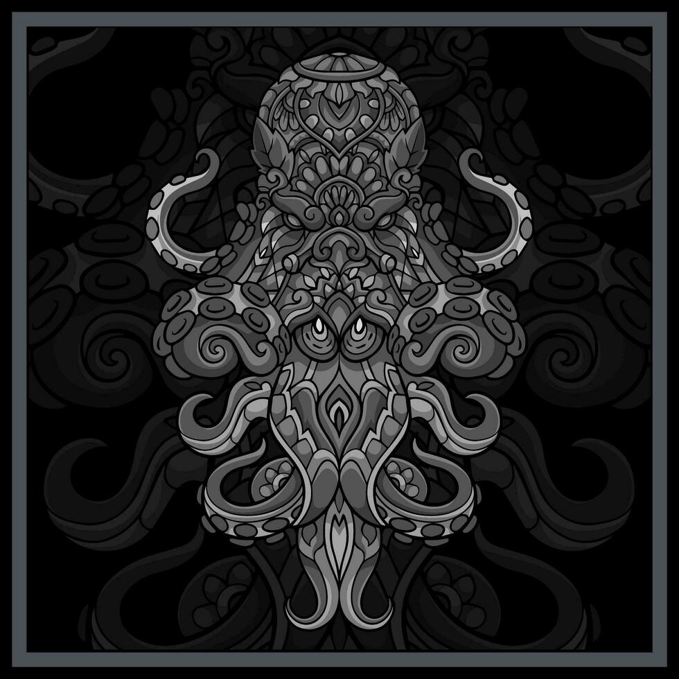 monochroom Octopus kraken mandala kunsten geïsoleerd Aan zwart achtergrond vector