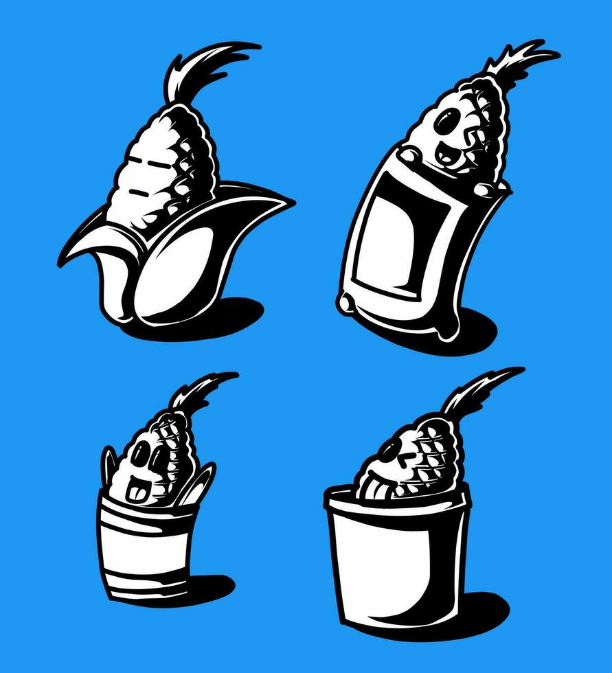 een zwart en wit illustratie van de maïs mascotte vector