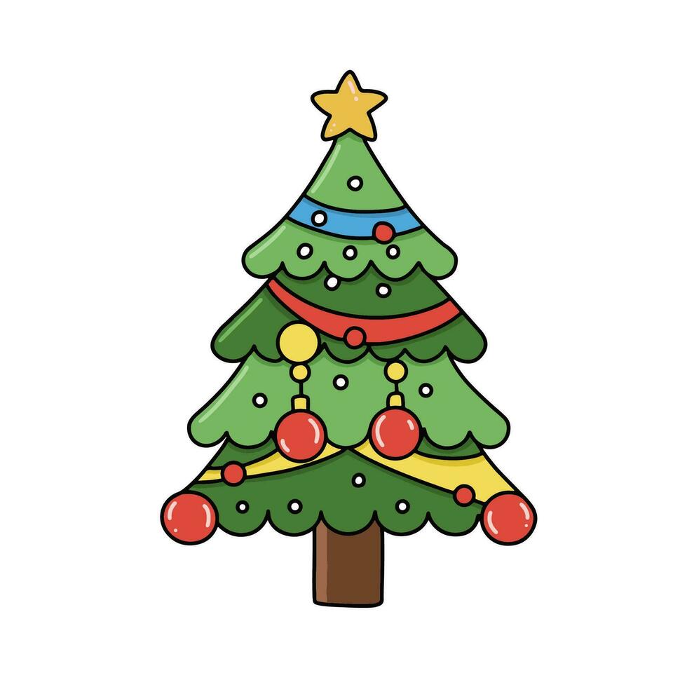 kawaii Kerstmis pijnboom boom kleurrijk ornamenten icoon. winter evenement. kerstmis, winter of nieuw jaar. tekening elementen. vector