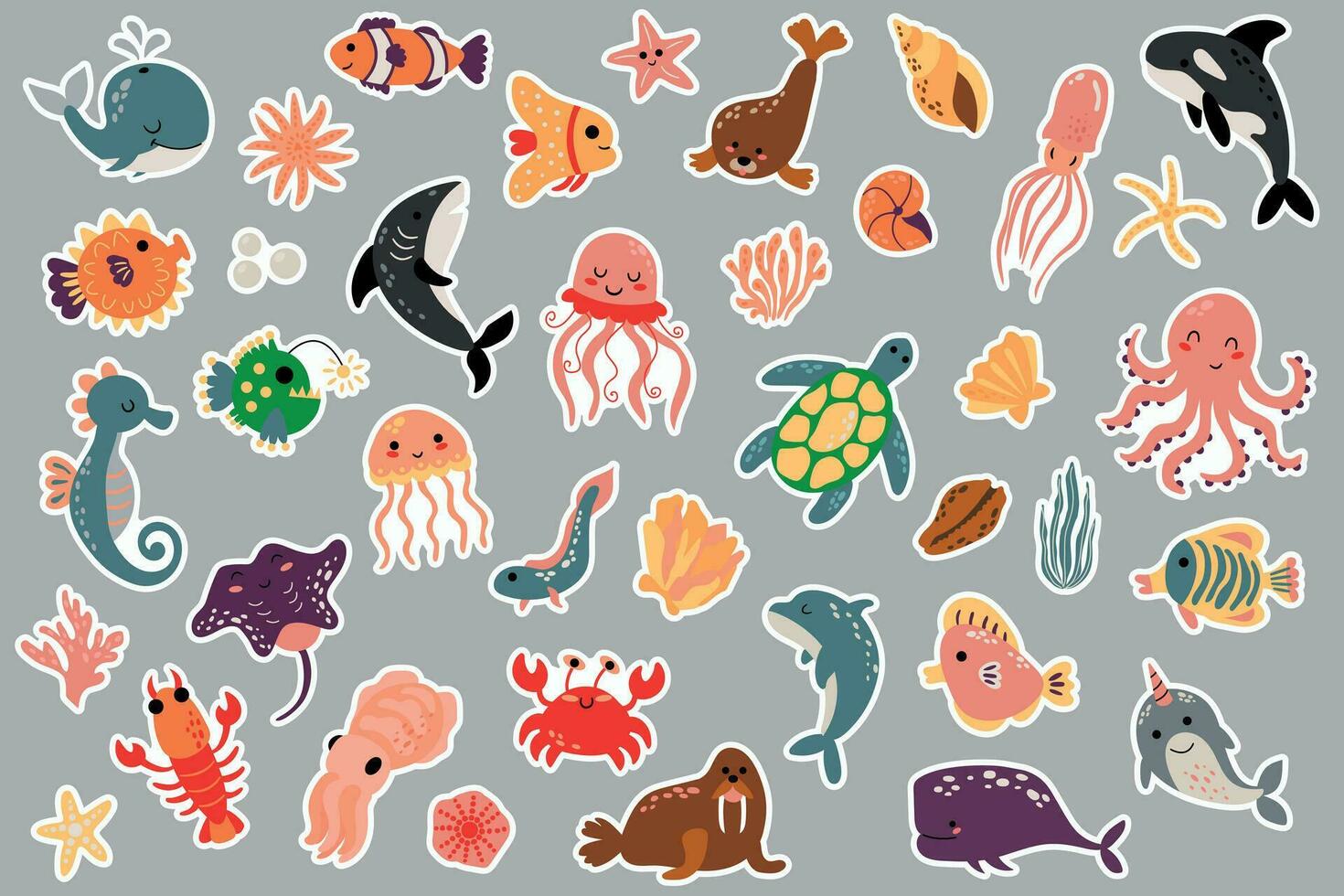 een reeks van stickers met zee schepsels. onderzees wereld. vector