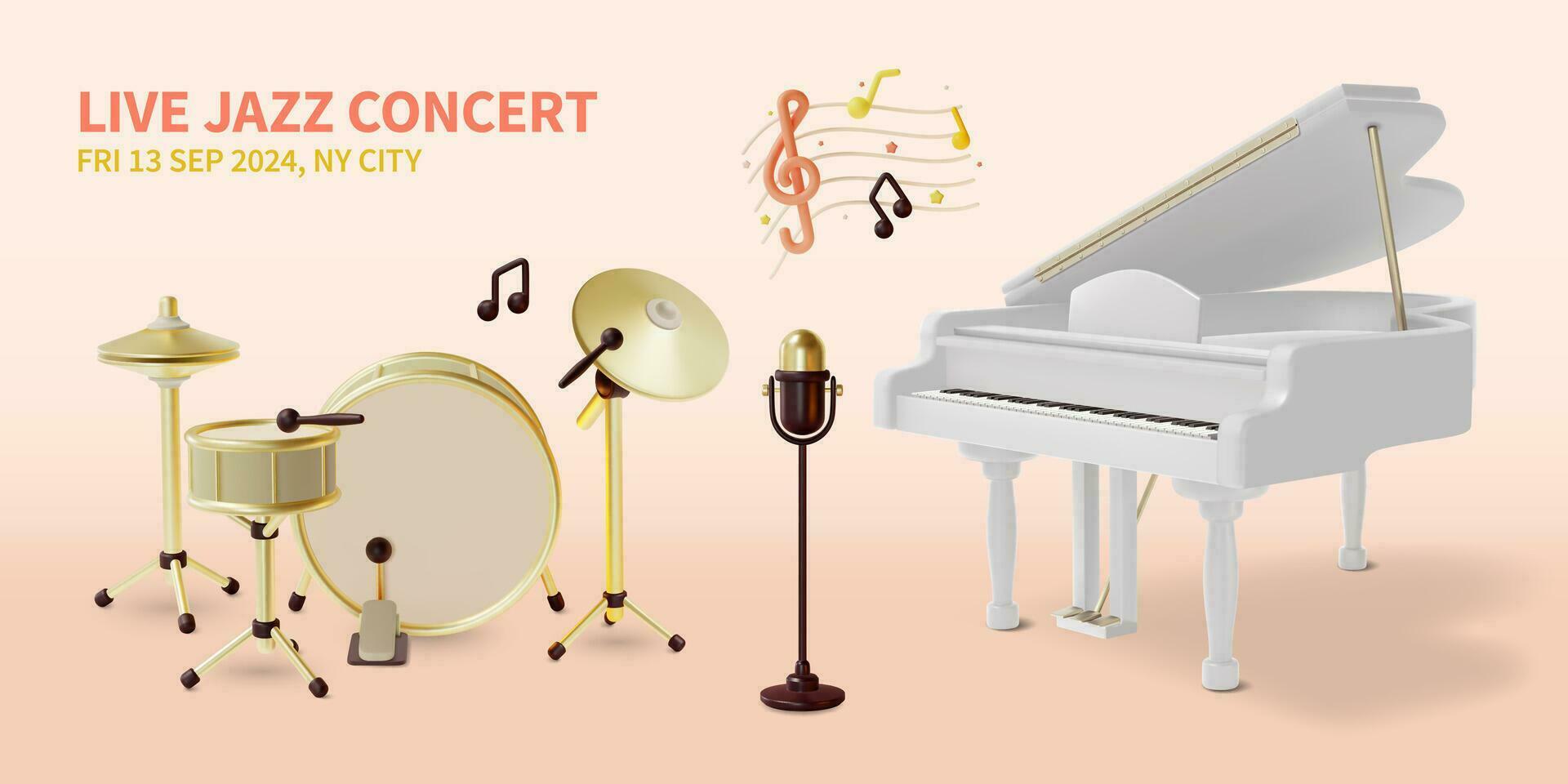3d leven jazz- concert uitnodiging poster sjabloon tekenfilm stijl. vector