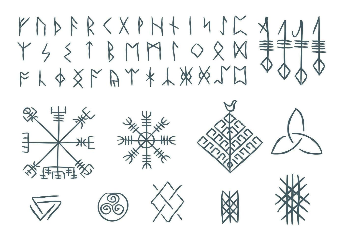 futhark norse eilandachtig en viking runen teken dun lijn icoon set. vector