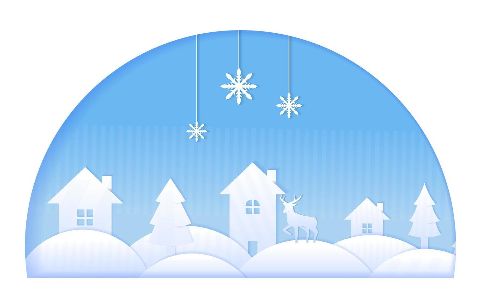 huis herten pijnbomen winter papercut papier gesneden stijl illustratie vector