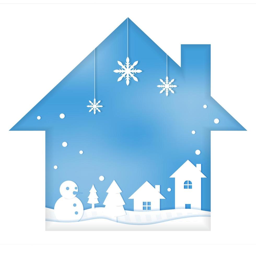 sneeuwpop huis sneeuw winterseizoen papier gesneden stijl illustratie vector