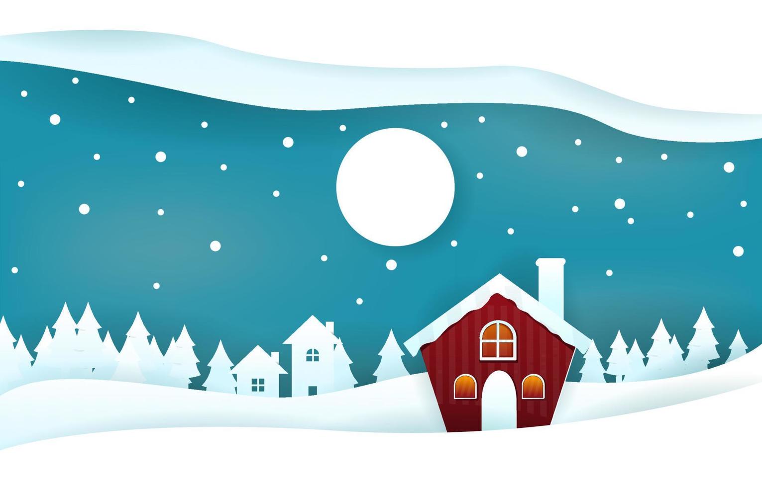 sneeuw huis pijnbomen winter papercut papier gesneden stijl illustratie vector