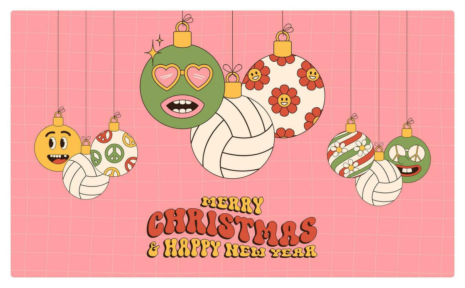 volleybal vrolijk Kerstmis en gelukkig nieuw jaar groovy sport- groet kaart. hangende bal net zo een groovy Kerstmis bal Aan levendig achtergrond. vector illustratie.