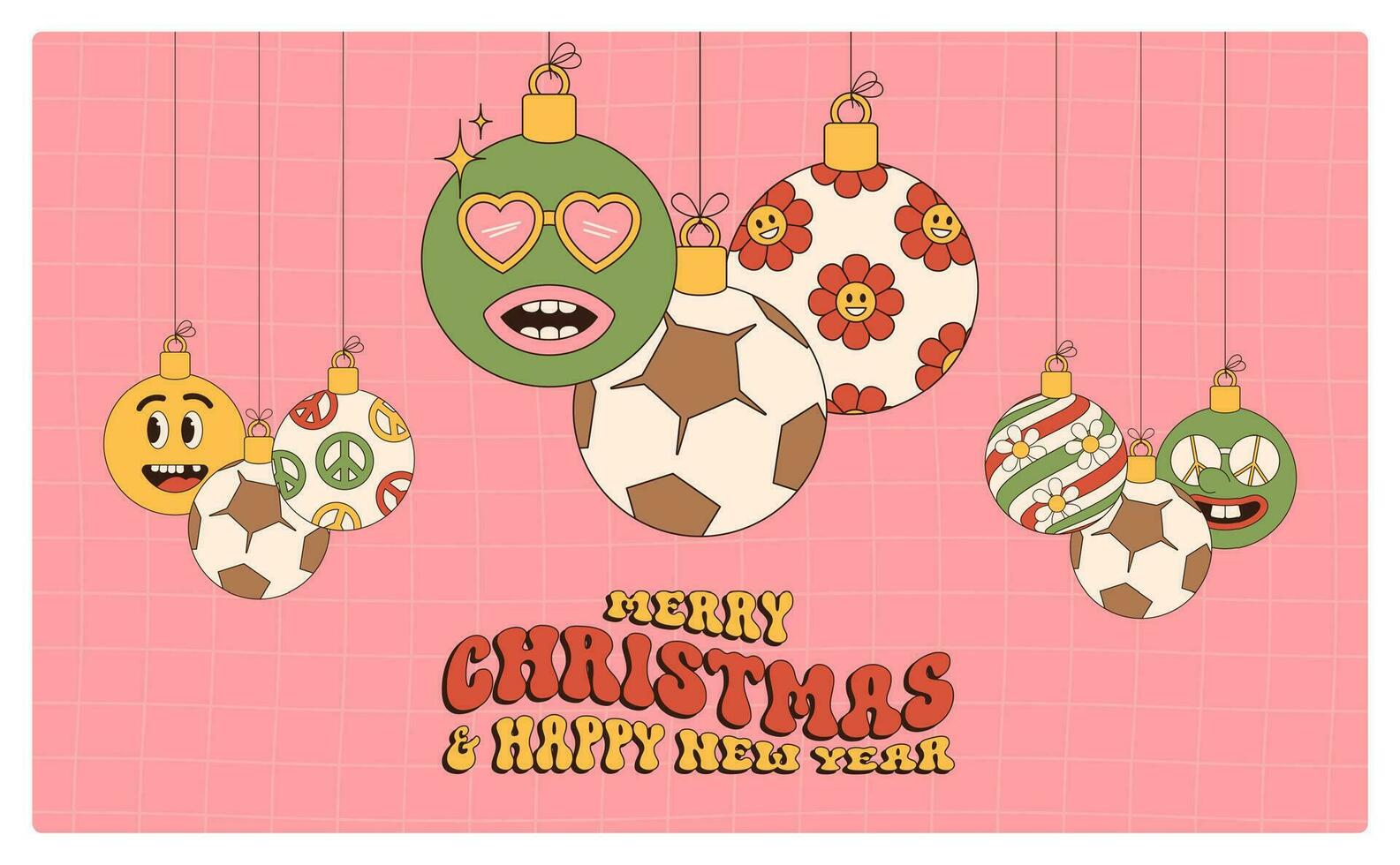 Amerikaans voetbal vrolijk Kerstmis en gelukkig nieuw jaar groovy sport- groet kaart. hangende bal net zo een groovy Kerstmis bal Aan levendig achtergrond. vector illustratie.