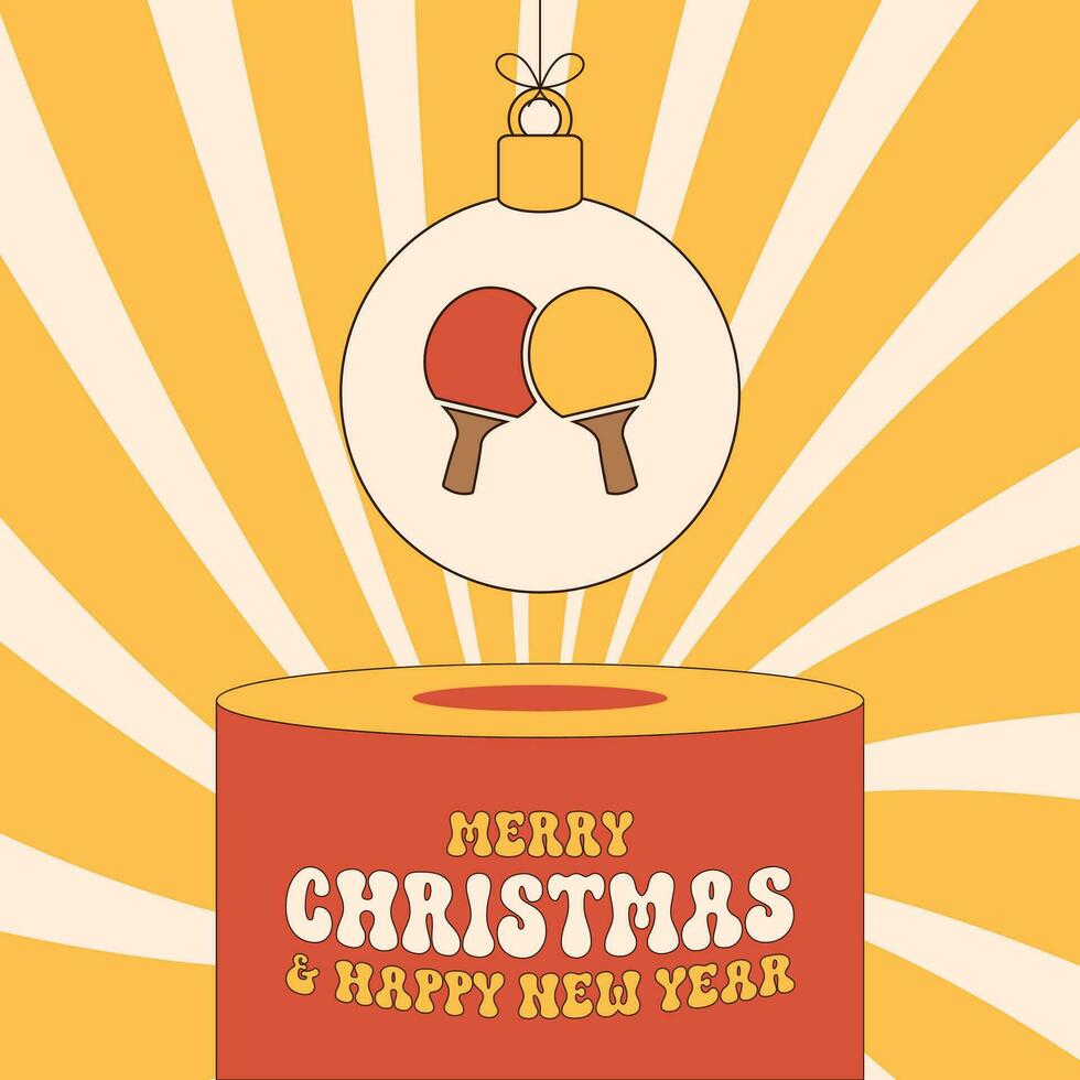 ping pong groovy Kerstmis snuisterij voetstuk. vrolijk Kerstmis groovy sport groet kaart. hangen Aan een draad Kerstmis bal Aan podium. sport modieus vector illustratie