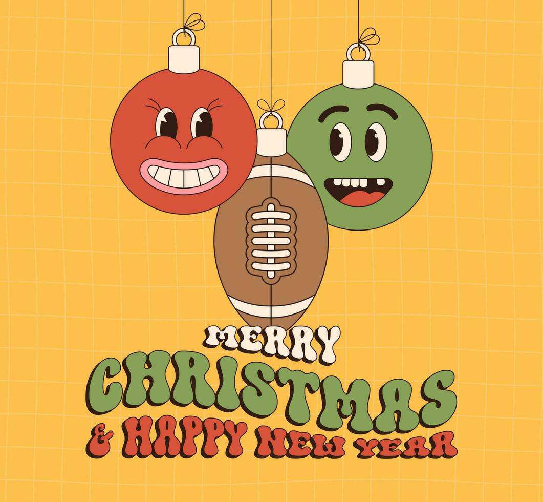 rugby vrolijk Kerstmis en gelukkig nieuw jaar groovy sport- groet kaart. hangende bal net zo een groovy Kerstmis bal Aan levendig achtergrond. vector illustratie.