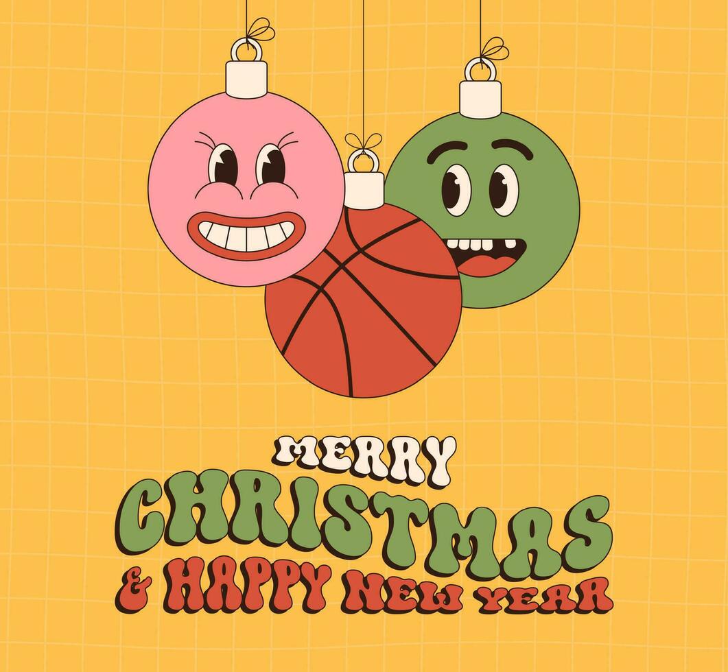 basketbal vrolijk Kerstmis en gelukkig nieuw jaar groovy sport- groet kaart. hangende bal net zo een groovy Kerstmis bal Aan levendig achtergrond. vector illustratie.