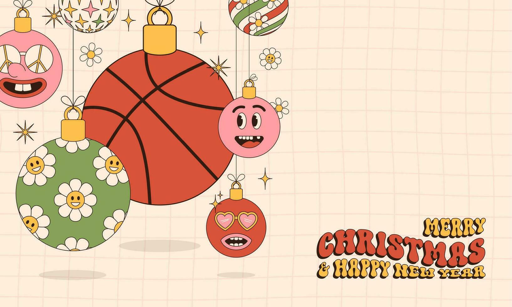 basketbal vrolijk Kerstmis en gelukkig nieuw jaar groovy sport- groet kaart. hangende bal net zo een groovy Kerstmis bal Aan levendig achtergrond. vector illustratie.