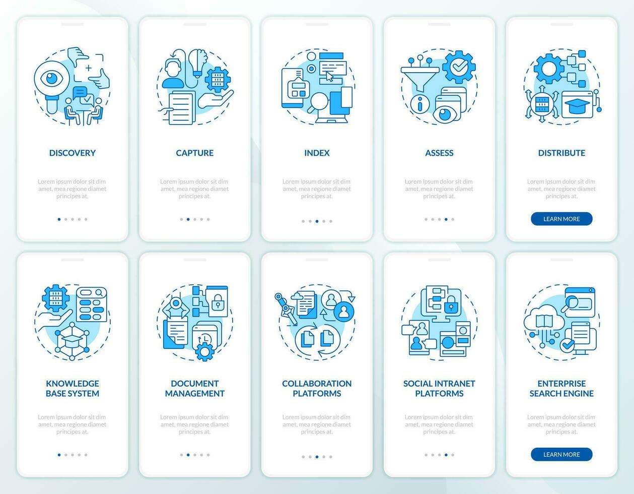 2d pictogrammen vertegenwoordigen kennis beheer mobiel app scherm set. walkthrough 5 stappen blauw grafisch instructies met dun lijn pictogrammen concept, ui, ux, gui sjabloon. vector