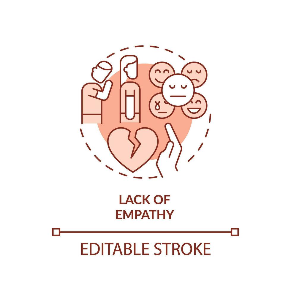 2d bewerkbare dun lijn icoon gebrek van empathie concept, monochromatisch geïsoleerd vector, rood illustratie vertegenwoordigen medeafhankelijk relatie. vector