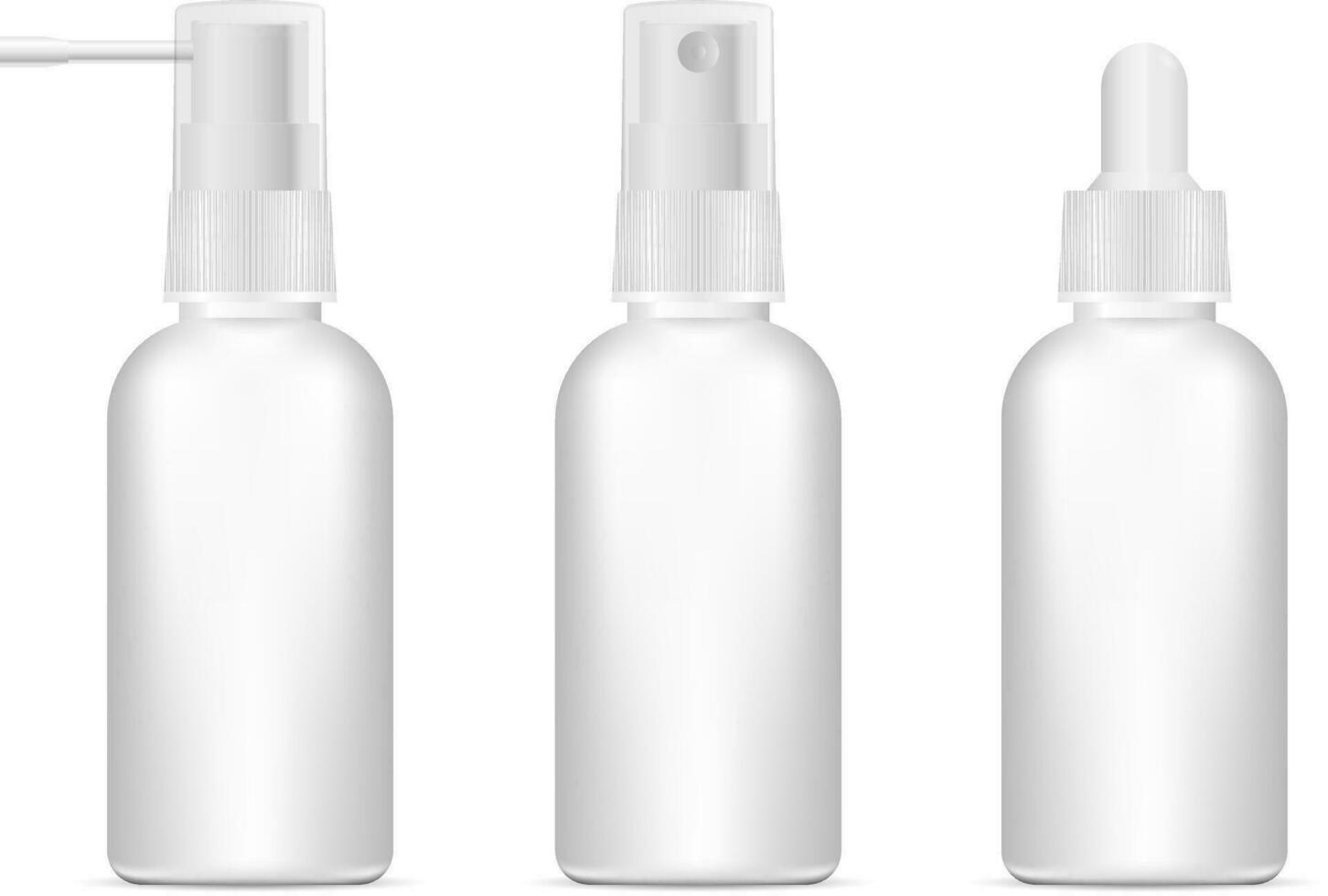 3d illustratie van blanco farmaceutisch containers. reeks van verschillend medisch flessen met spuiten, druppelaar. vector bespotten omhoog pakket ontwerp geïsoleerd Aan wit.