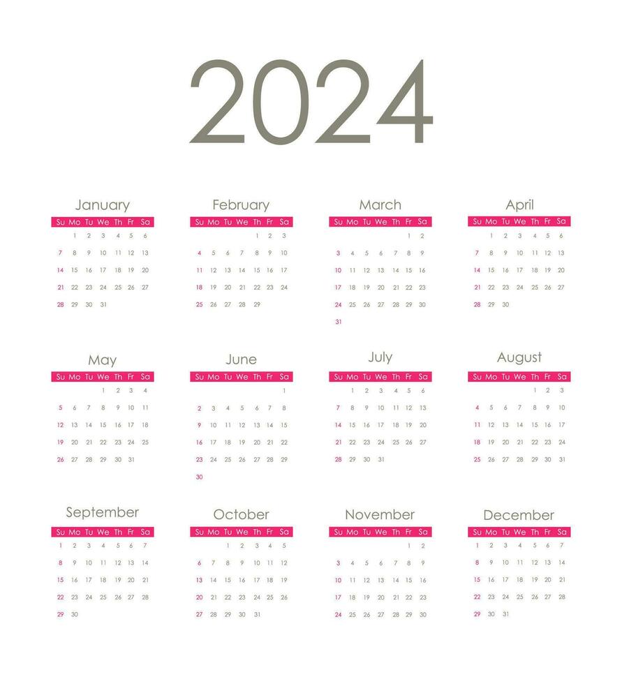 kalender 2024 rood. week begint Aan zondag. vector ontwerp.