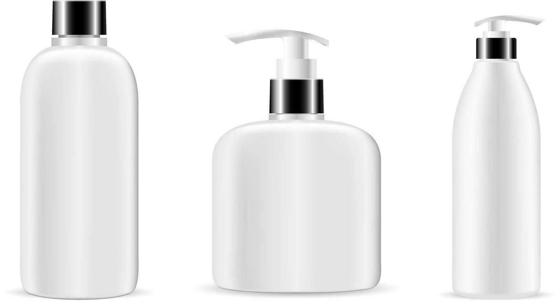 de elite kunstmatig flessen set. vector realistisch mockup voor containers. shampoo fles, zeep verdeler, douche gel en ander.