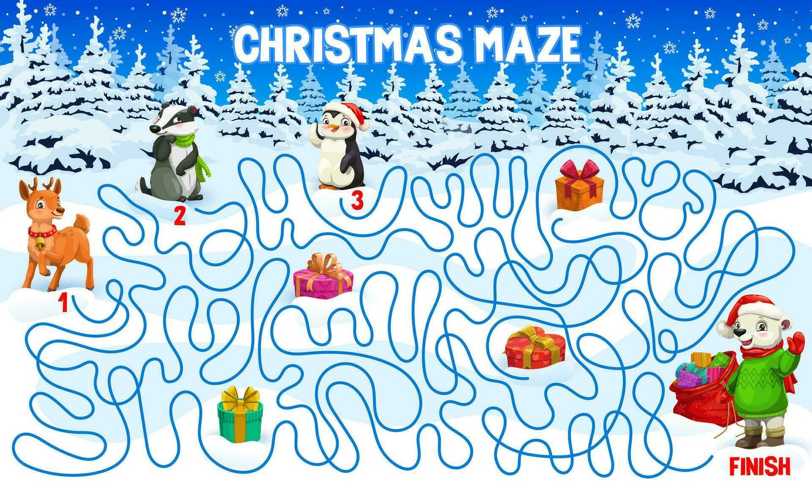 Kerstmis labyrint doolhof spel, dieren en cadeaus vector