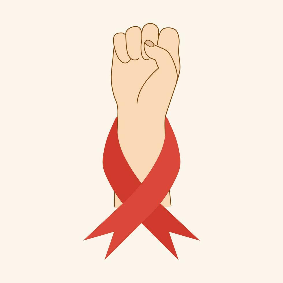 wereld AIDS dag vector illustratie. vuist van ondersteuning met rood lint in de omgeving van de hand. ontwerp voor poster, folder, achtergrond, kaart, poster voor thema's AIDS bewustzijn.