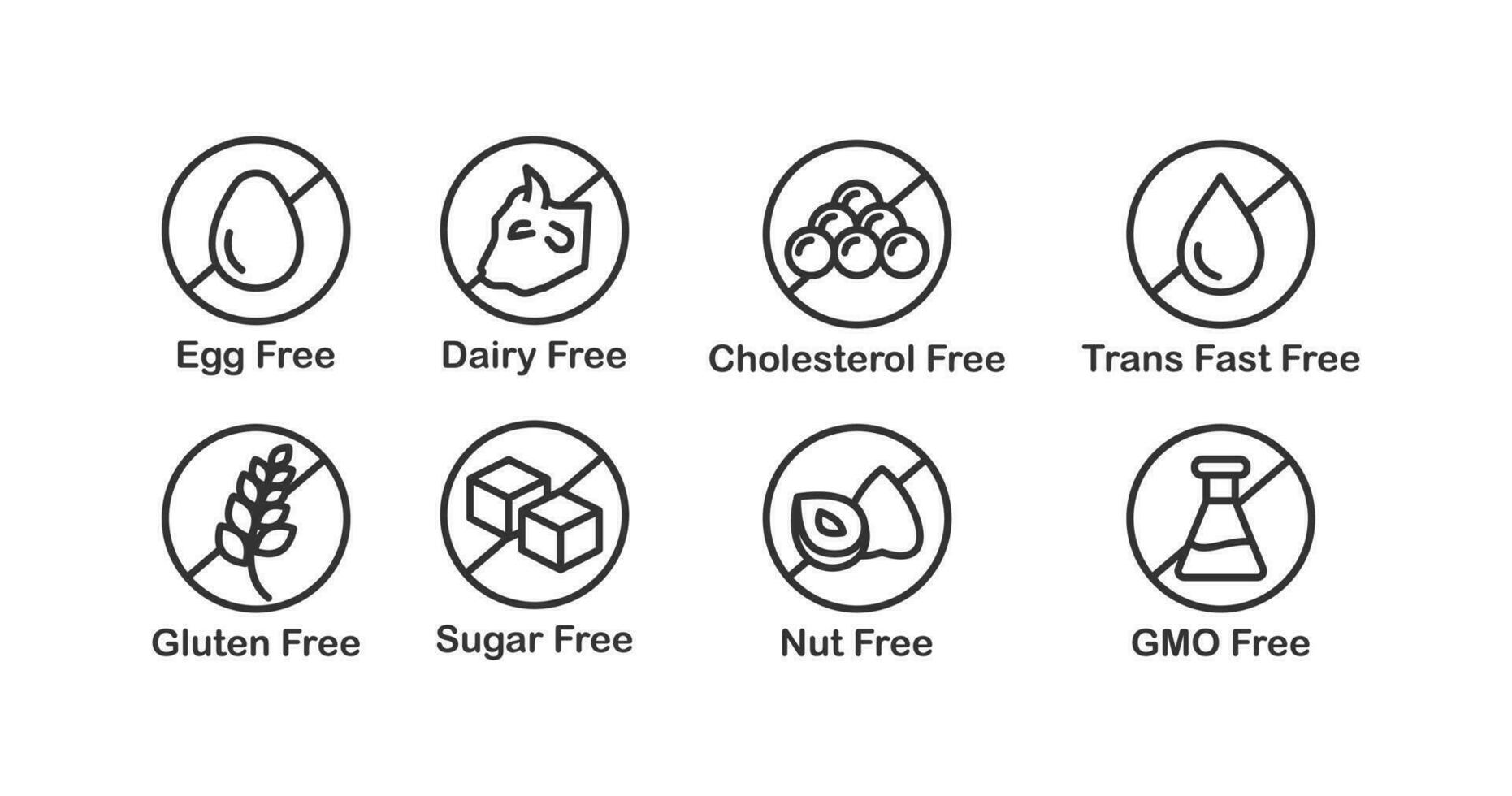 voedsel eetpatroon en ggo vrij etiket icoon set. vector illustratie ontwerp.
