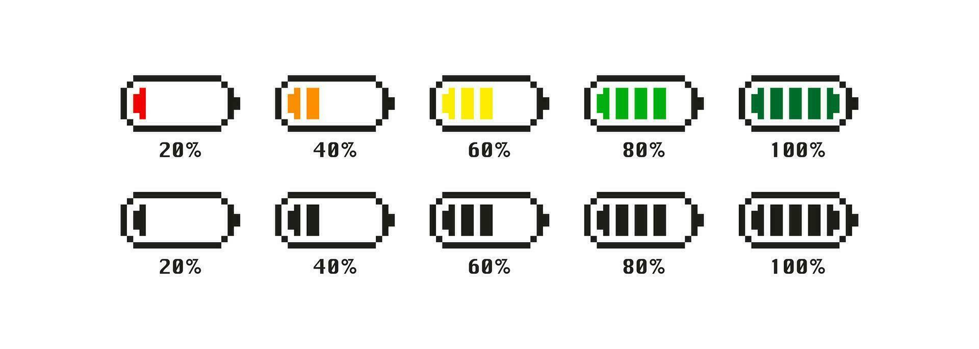 pixel niveau oplader accu icoon. 8 beetje accu smartphone vector