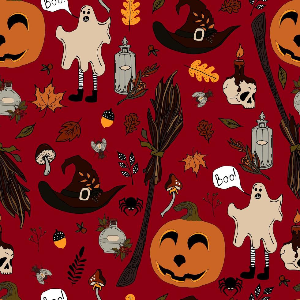 vector naadloze patroon halloween eps. doodle drankje en Wicca symbolen, pompoen en schedel, paddenstoelen en herfstbladeren