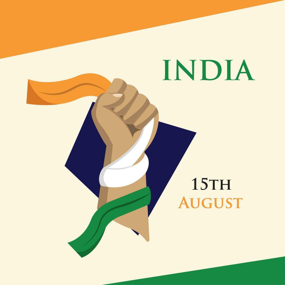 gelukkig Indië onafhankelijkheid dag poster met een hand- Holding een vlag van Indië vector