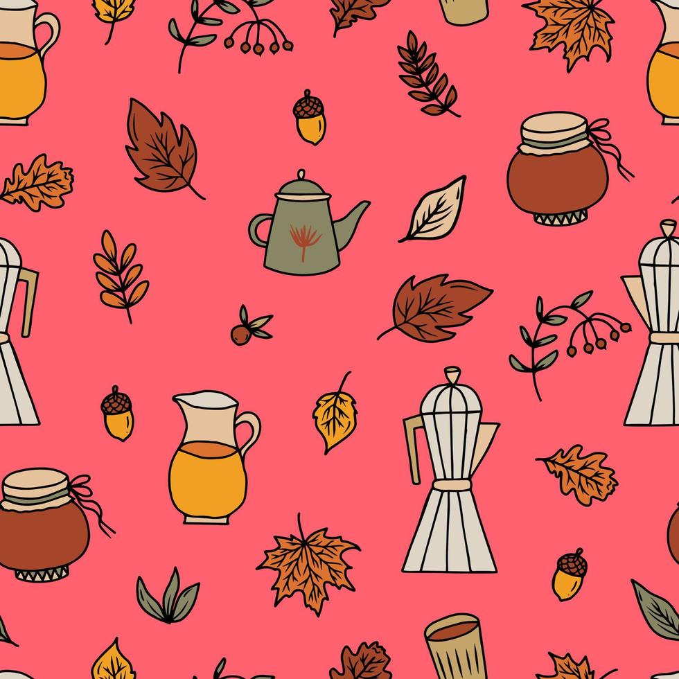 vector naadloze patroon gezellige print met koffie en thee in de herfst. warmhoudset voor de herfst met koffiezetapparaat, waterkoker en kan met herfstdrankjes en gevallen bladeren