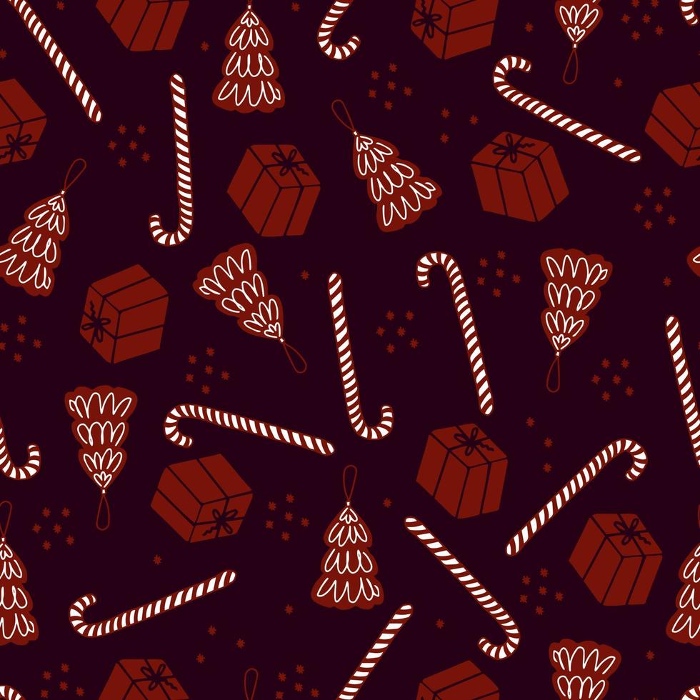 kerst naadloos patroon kerstboom speelgoed, lolly en geschenkdoos. vectorpatroon voor inpakpapier en gefeliciteerd vector