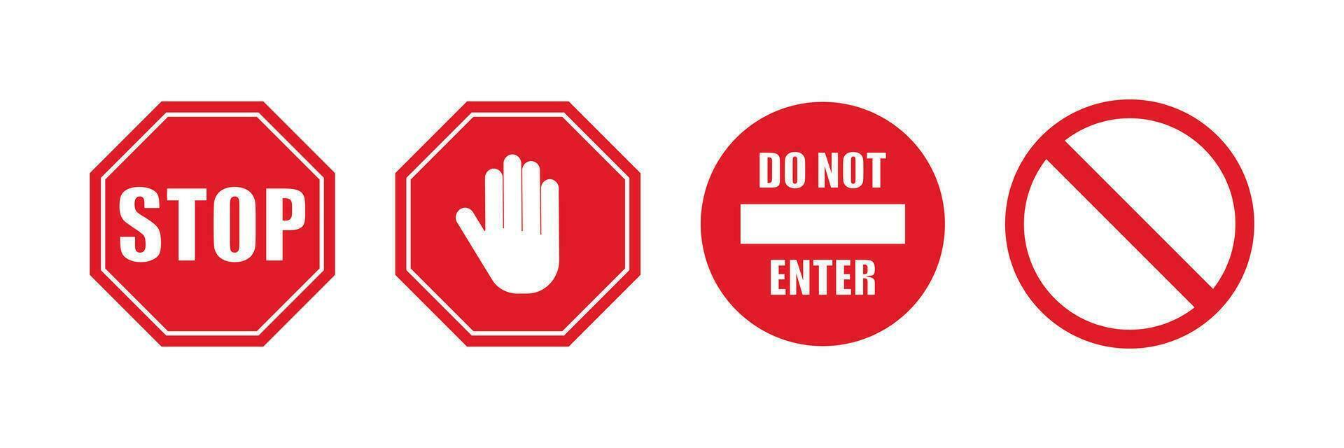 hou op rood teken icoon set. met wit hand, Doen niet binnenkomen, waarschuwing hou op teken symbool. teken weg signaal vector. vector