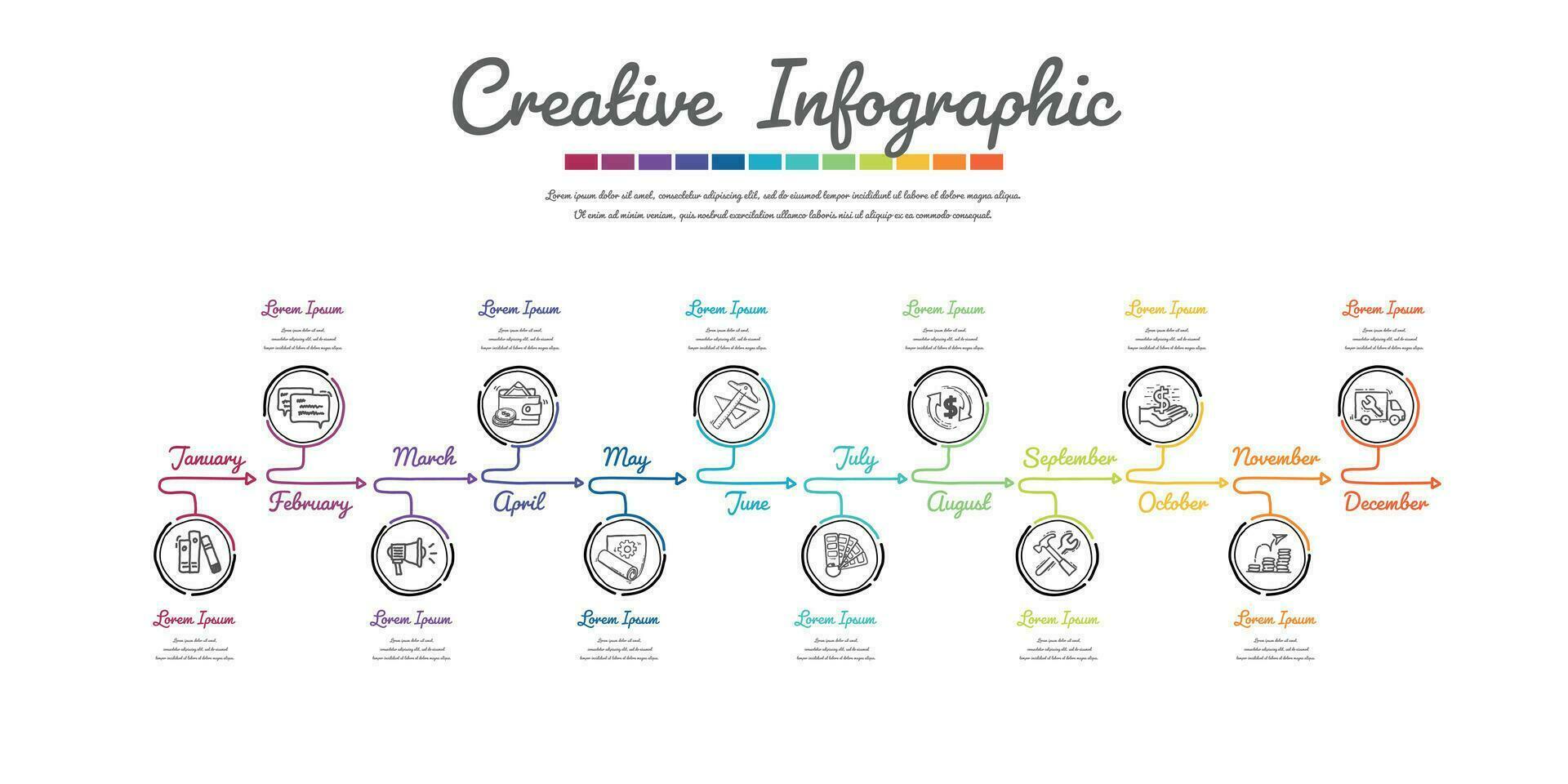 presentatie bedrijf, infographic hand- getrokken voor 12 maanden, 1 jaar, kan worden gebruikt voor tijdlijn, tekening infographic vector. vector