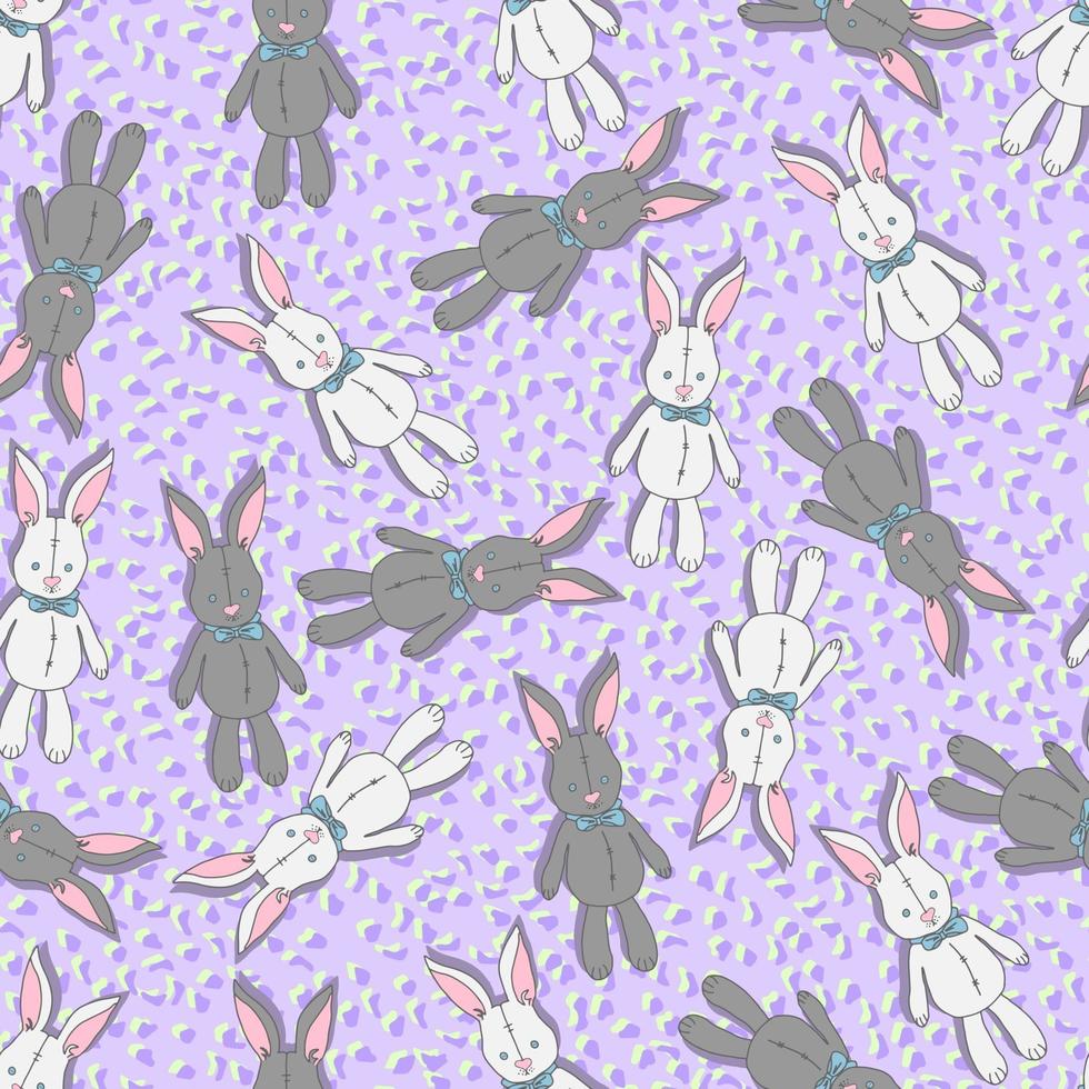 vector naadloze patroon witte en grijze konijnen pop speelgoed met bogen en ogen met knopen op een achtergrond van gekleurde vlekken. achtergrond voor kinderdagverblijf, kinderdingen, stoffen, prints.