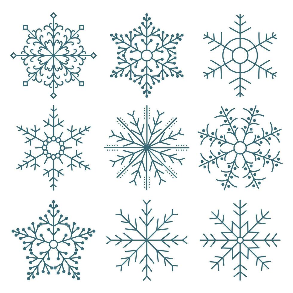 reeks van hand- getrokken kanten blauw sneeuwvlokken Aan een wit achtergrond. winter ontwerp elementen, vector
