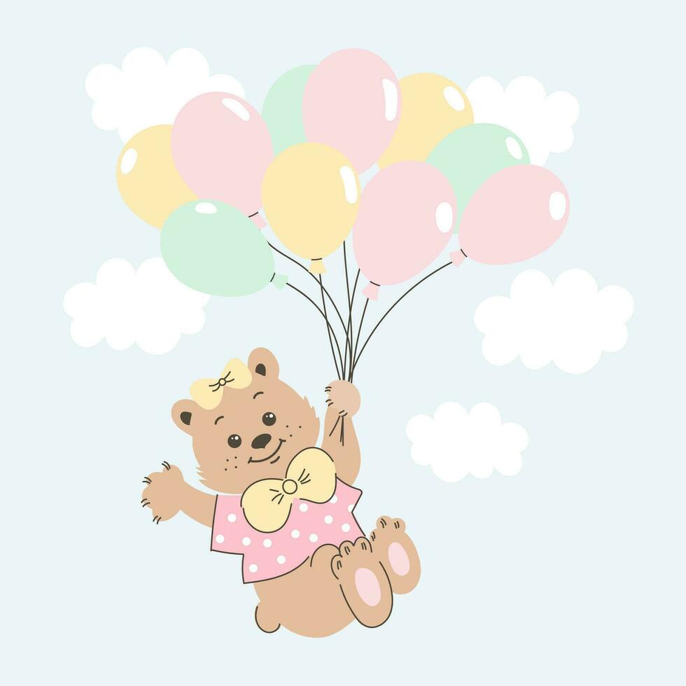 schattig tekenfilm teddy beer vliegt Aan ballonnen in de lucht met wolken. baby illustratie, ansichtkaart, afdrukken, vector