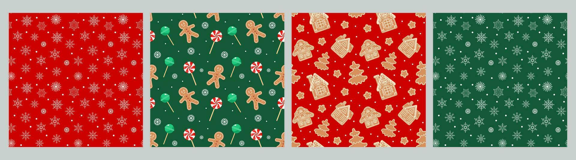verzameling van Kerstmis naadloos patronen met peperkoek Heren, huizen, sneeuwvlokken, Kerstmis snoepjes en sokken. reeks van vakantie achtergronden, vector