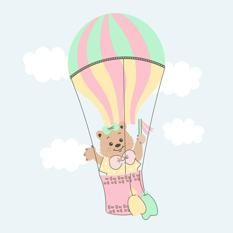 schattig tekenfilm teddy beer vliegt in een heet lucht ballon in de lucht met wolken. baby illustratie, ansichtkaart, afdrukken, vector