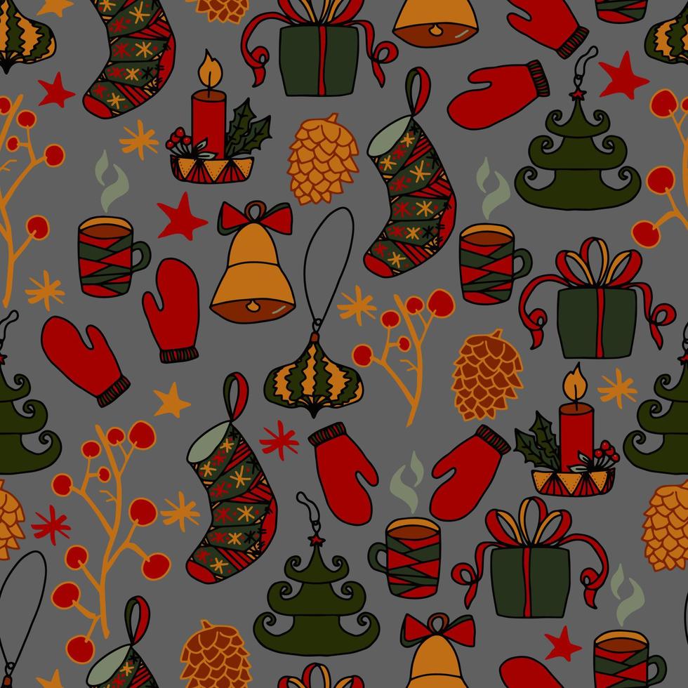 Kerstmis en Nieuwjaar doodles vector naadloze patroon. winterachtergrond voor verpakking, felicitaties en uitnodigingen