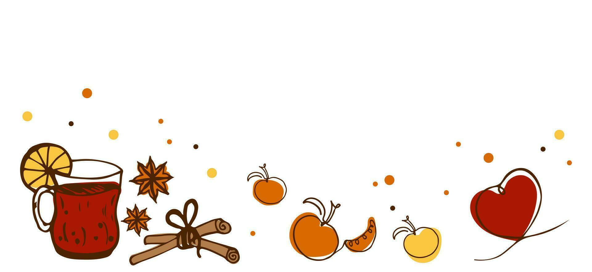 vector wit spandoek. kop met heet drankje, kaneel, mandarijn, oranje, hart, vanille in tekening stijl