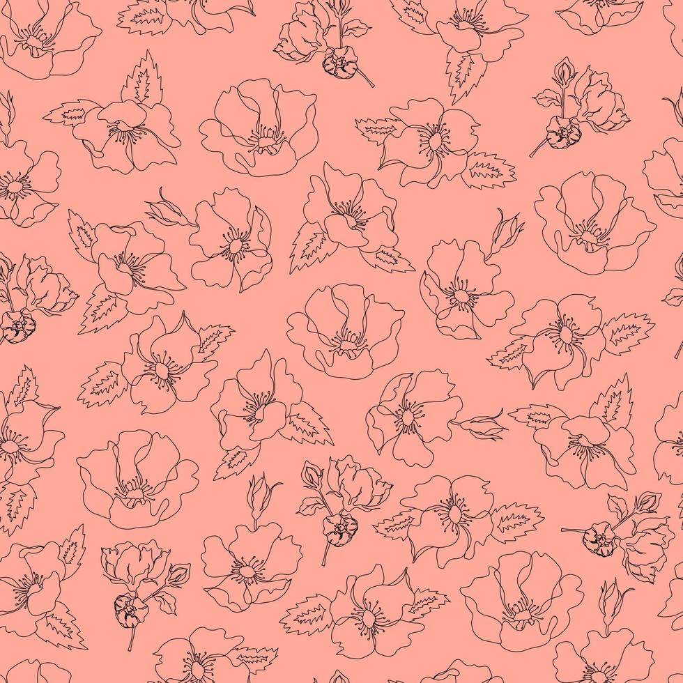 vector naadloze patroon contour bloemen met geopende bladeren en knoppen op een contrasterende achtergrond. botanische illustratie voor stoffen, textiel, wallpapers, papers, achtergronden.