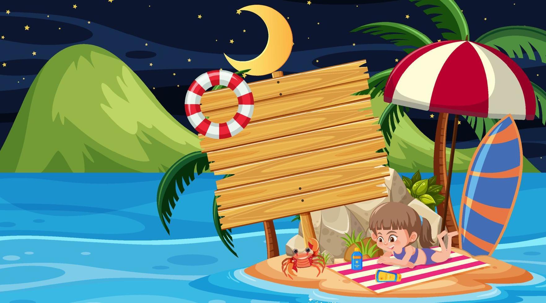 kinderen op zomervakantie bij de strandnachtscène met een lege houten bannermalplaatje vector