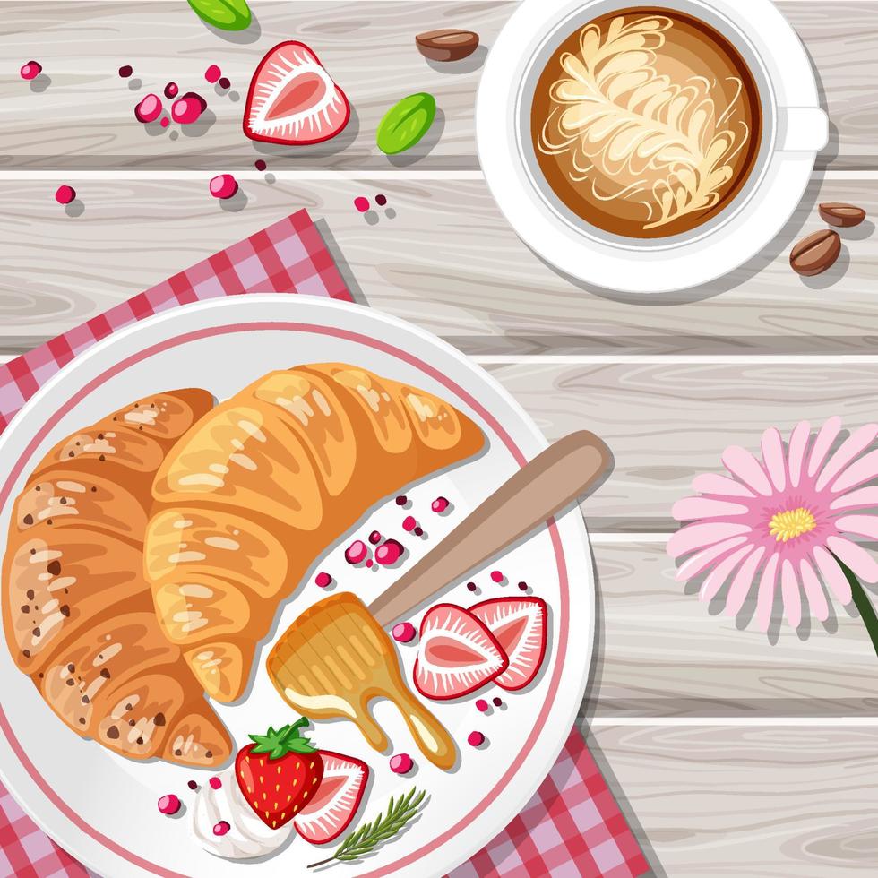 ontbijtcroissant met fruit en een kopje koffie op tafel vector