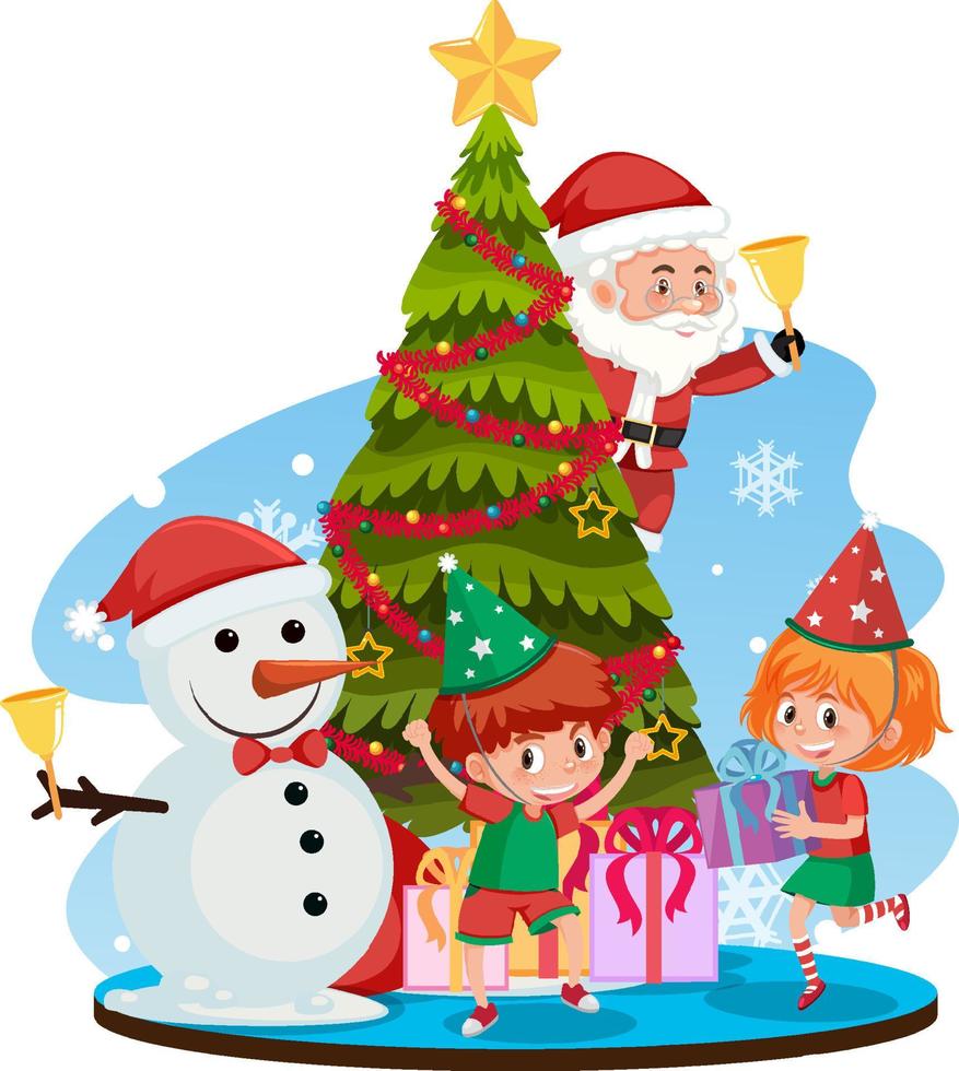 kerstman met gelukkige kinderen en kerstboom vector