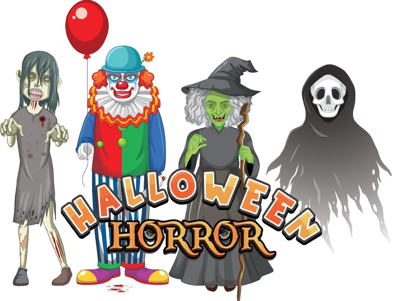 halloween horror tekstontwerp met halloween spookkarakters vector