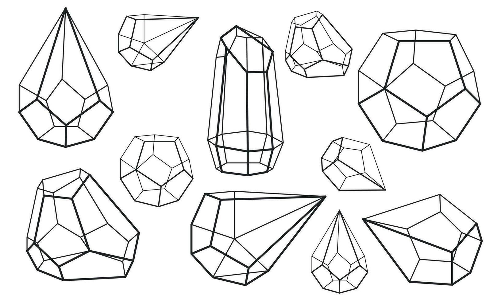 reeks van framing meetkundig vormen. piramides, kubussen van mineralen. vector illustratie. zwart meetkundig schets, transparant vormen van gezichten en zwart vormen van kozijnen. vormen van verschillend maten florariums