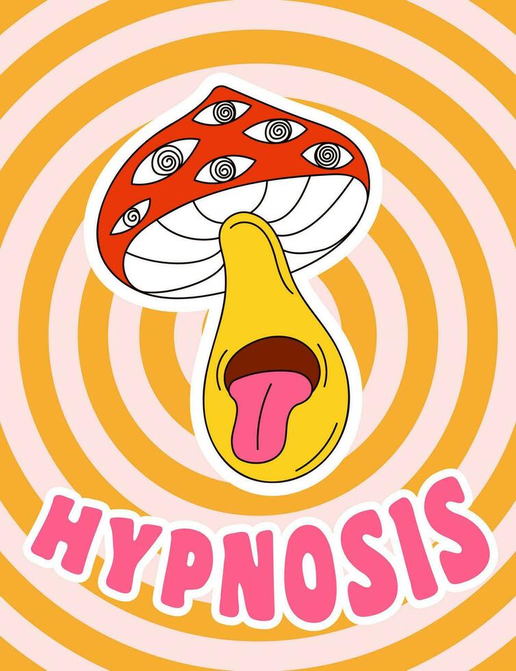 groovy poster met hypnotiserend paddestoel. retro poster met psychedelisch paddestoel. wijnoogst afdrukken voor t-shirts en hoodies. vector illustratie.